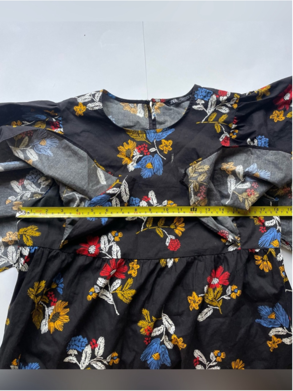 ZARA Floral Ruffle Sleeve Mini Dress | Size S Black Cotton Blend Babydoll Dress - Picture 5 of 10